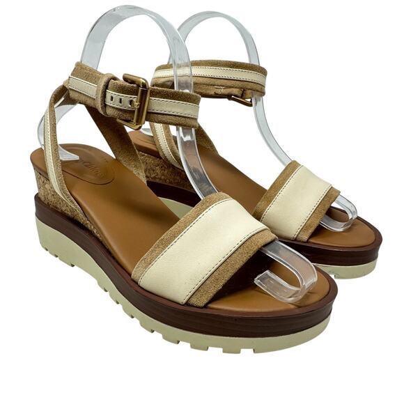 See by Chloe Robin‎ Platform Wedge Sandals Leather Cream Tan Size 37 US 7 - Picture 1 of 15